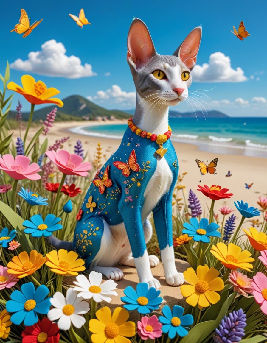 Felt Art Oriental Shorthair Cat on Beach Holiday