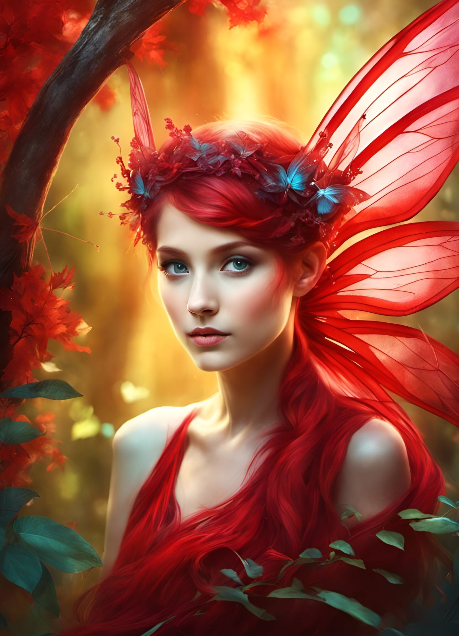 Opalescent Pixie Fairy in Red Rainforest