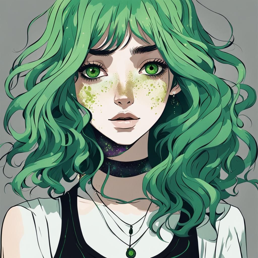 Green-Haired Girl with Symmetrical Freckles Portrait