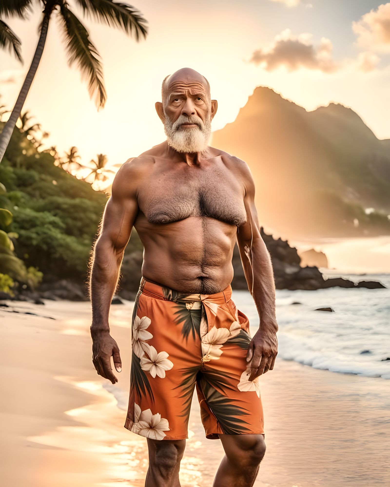 Seychelles Sunset: Hyperrealistic Portrait of an Old Man