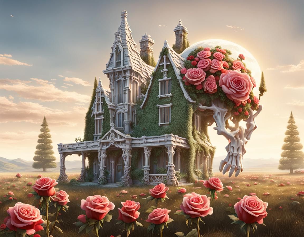 Surreal Skeletal Building with Blooming Roses