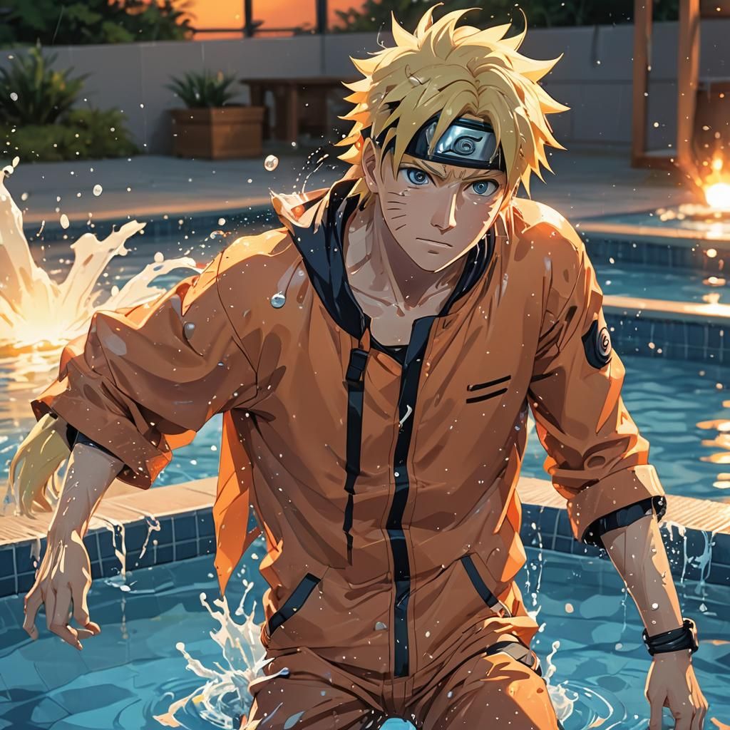 Naruto Relaxing Poolside in Vibrant Anime Style