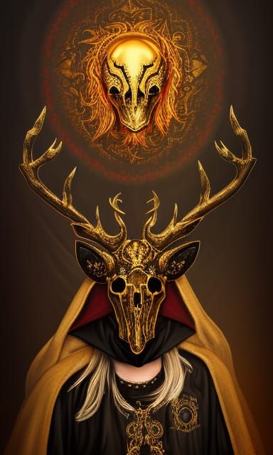 Cultist in Golden Deer Mask, Dark Fantasy Portrait