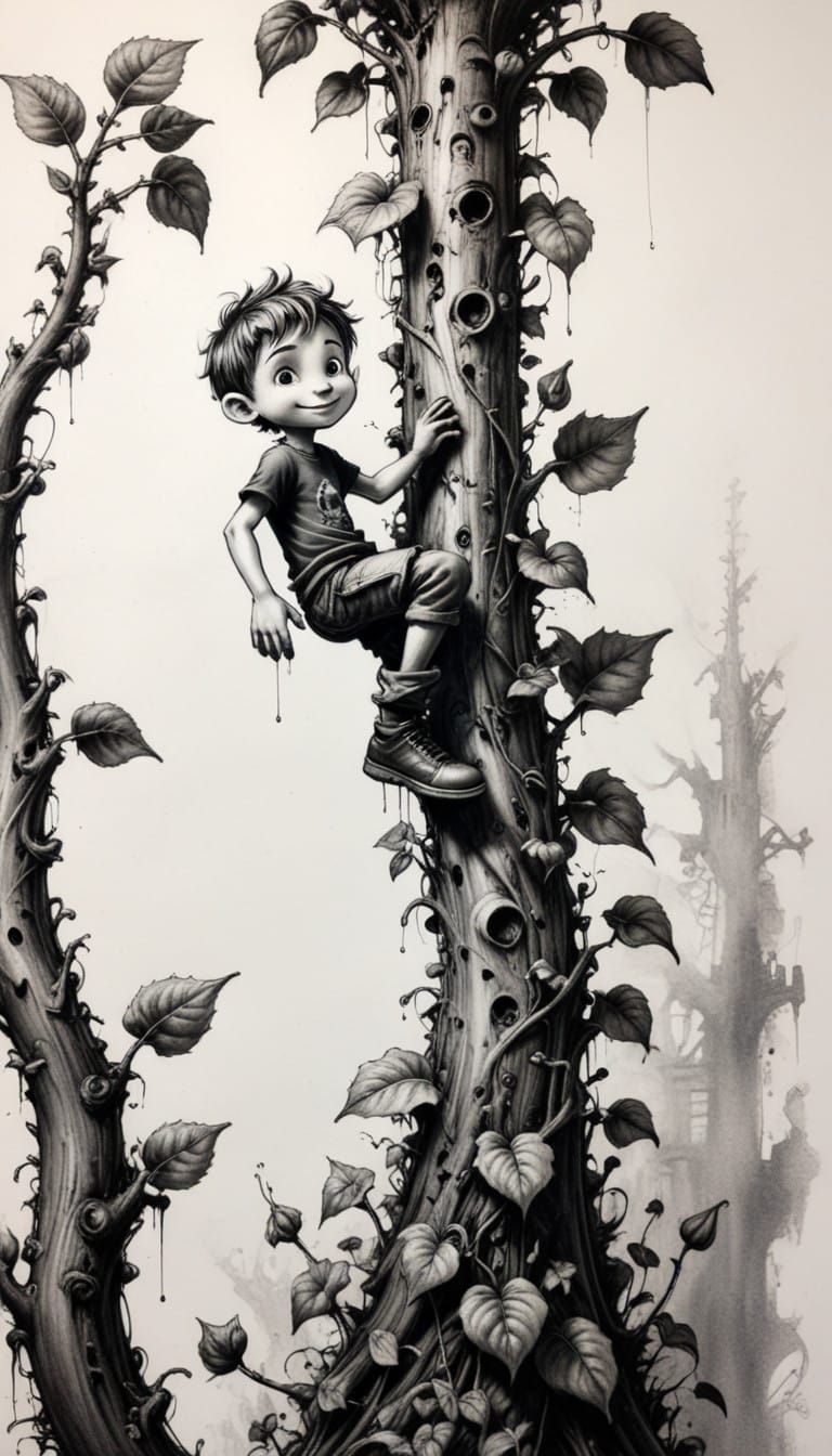 Graffiti Beanstalk Climber in Charcoal and Ink