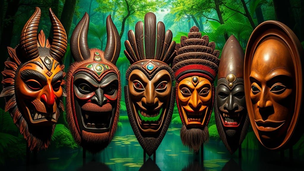 African Masks in Lush Forest Setting