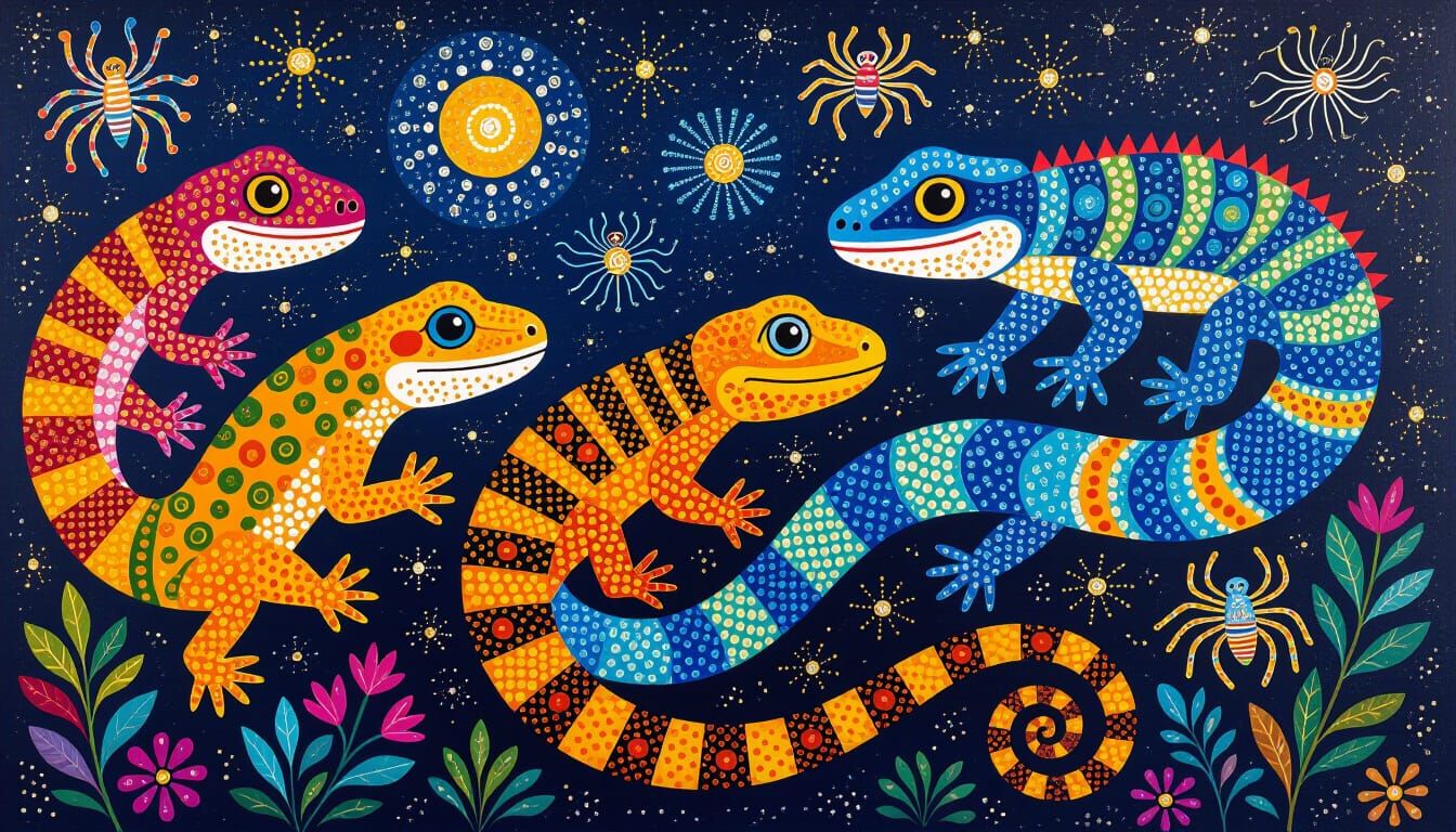 Aboriginal Dot Painting of Lizards and Snakes