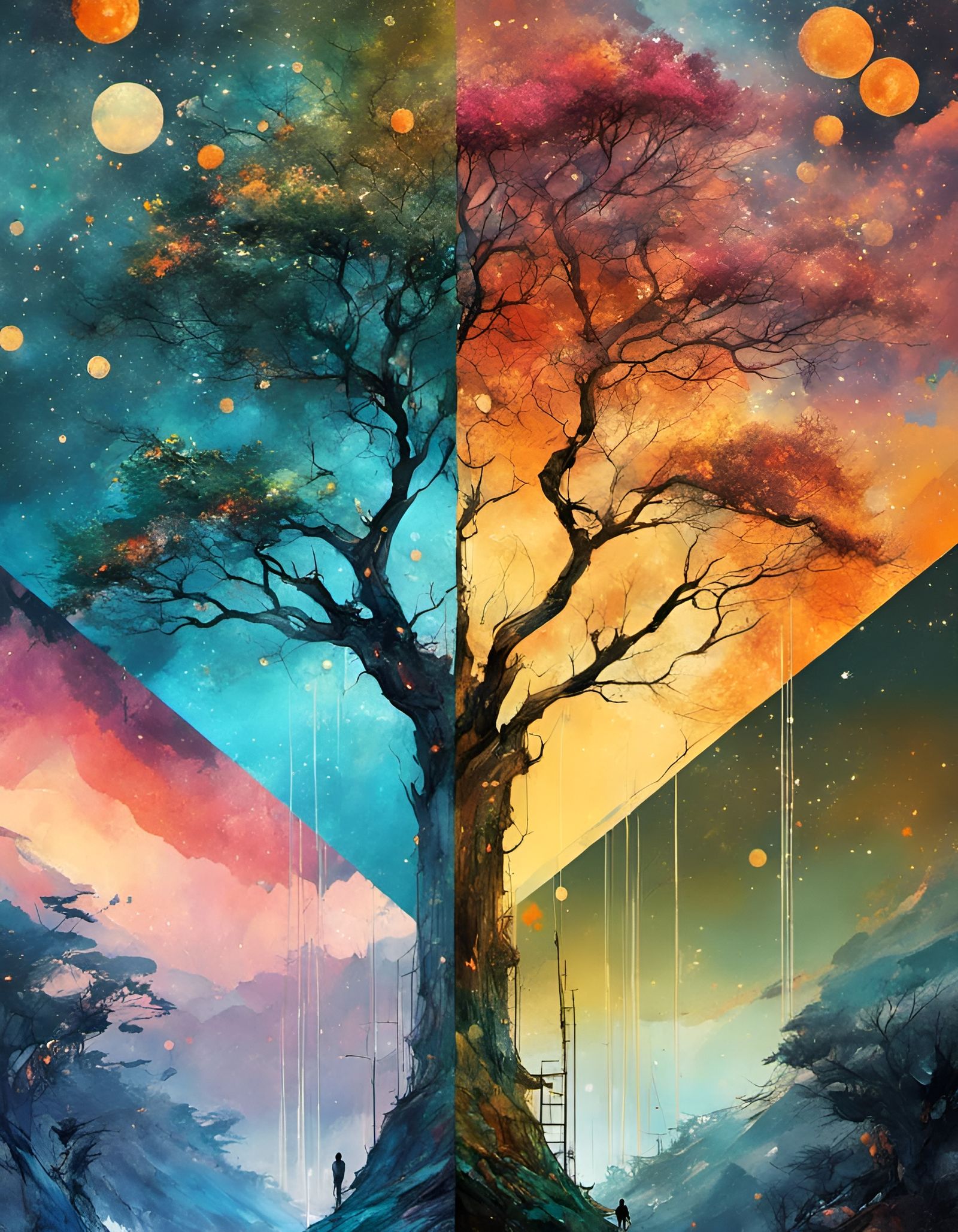 Multi-Seasonal Landscape in Watercolor Style