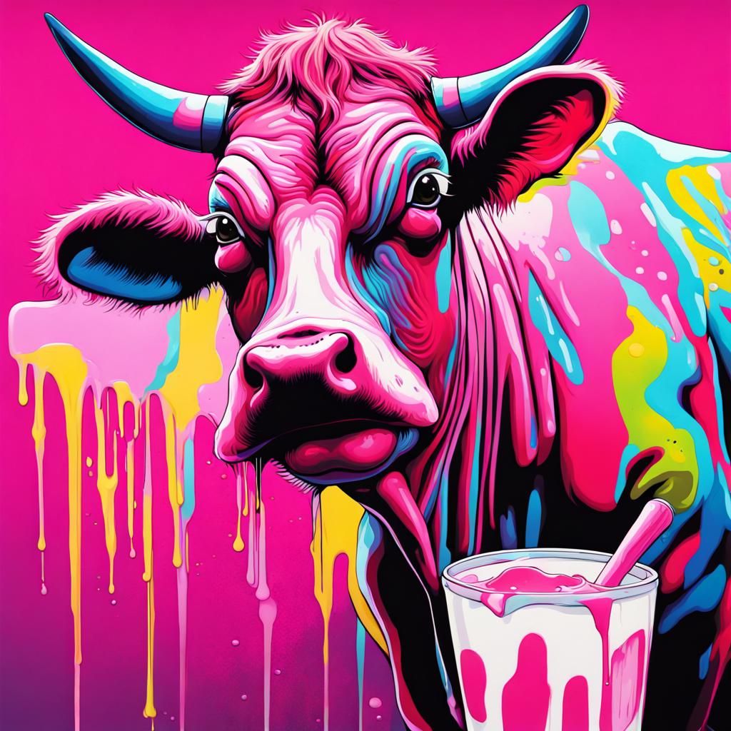 Psychedelic Pink Cow Giving Ice Cream Milk as Graffiti Art