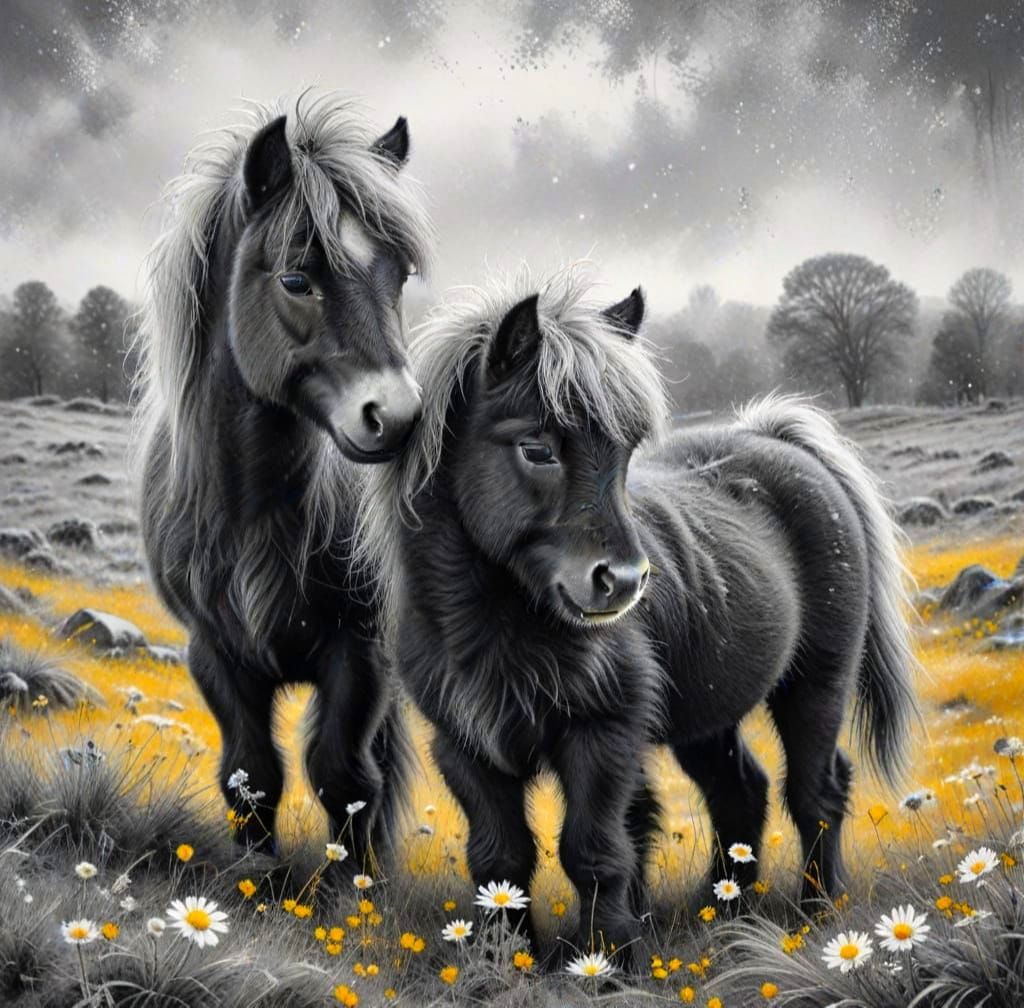 Shaggy Shetland Pony and Foal in a Winter Wonderland