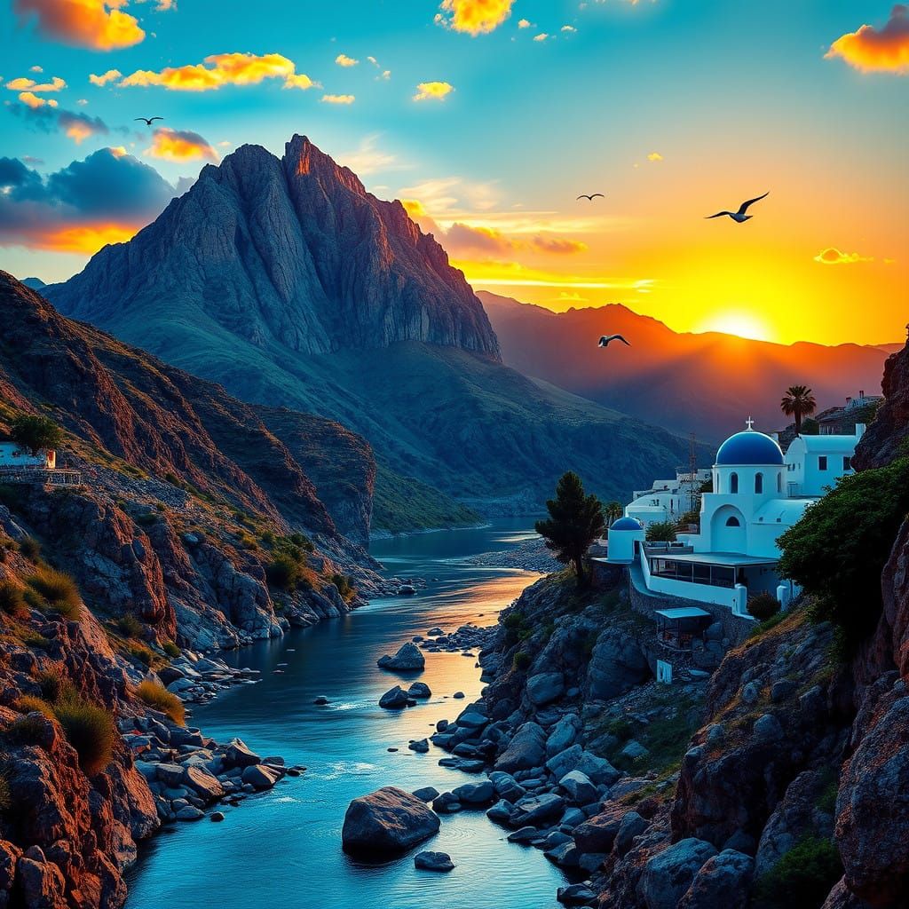 Vibrant Sunrise Over Majestic Mountain Landscape in Dynamic....