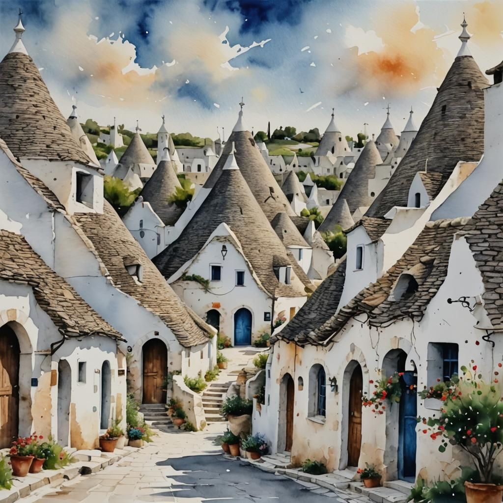 Watercolor Trulli of Alberobello Abstract Art