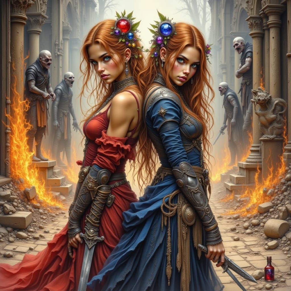 Elara and Seraphine in Burning Courthouse with Vampires