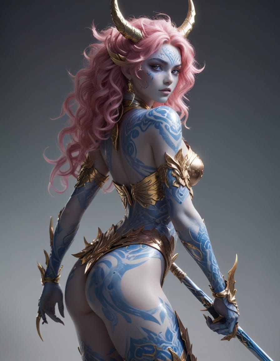 Majestic Blue-Skinned Alien Warrior in 3D Anime Style