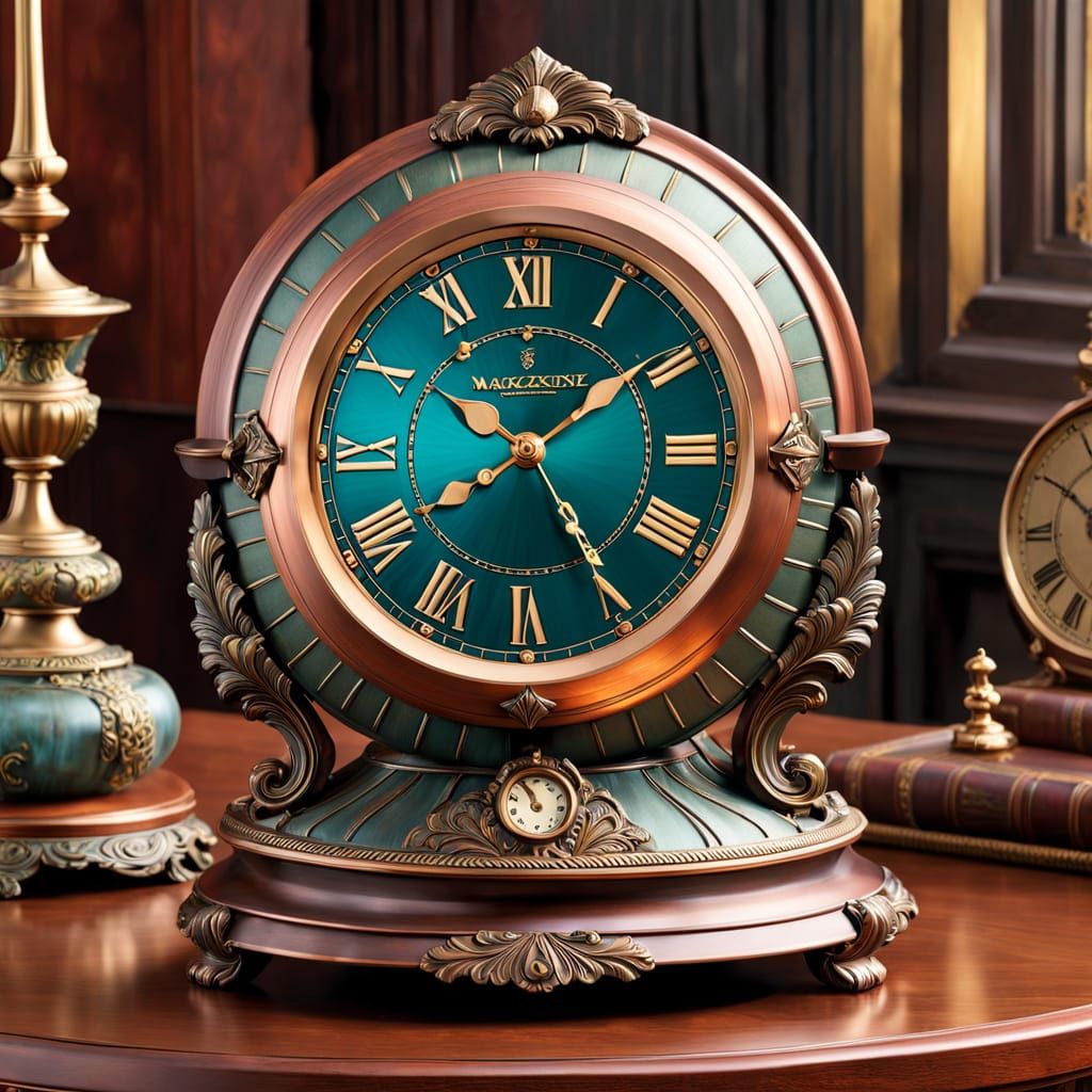 Copper and Bronze Clock with Wooden Accents