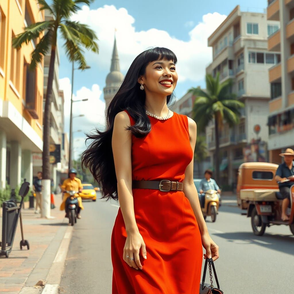 Indonesian Woman in Jakarta, Vintage Illustration Style