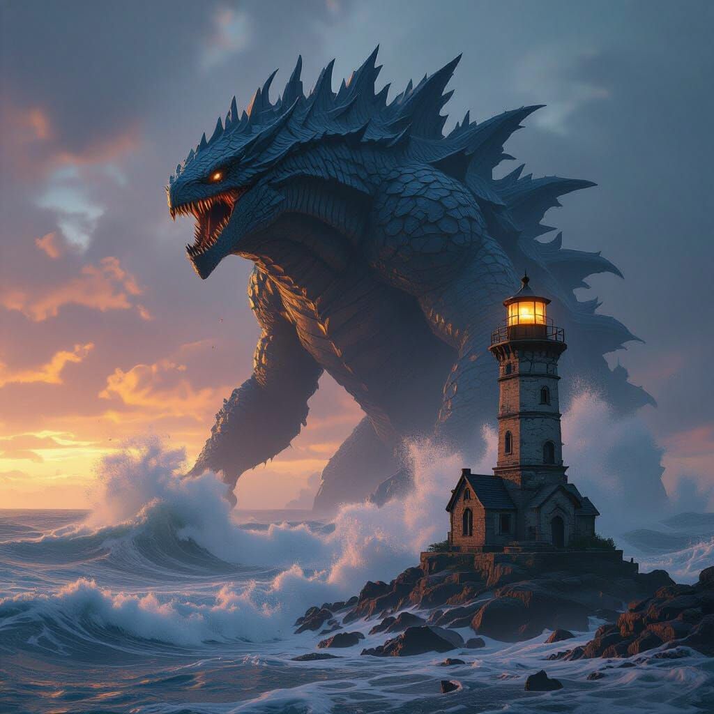 Colossal Sea Monster Threatens Lighthouse: 3D Cinematic Art