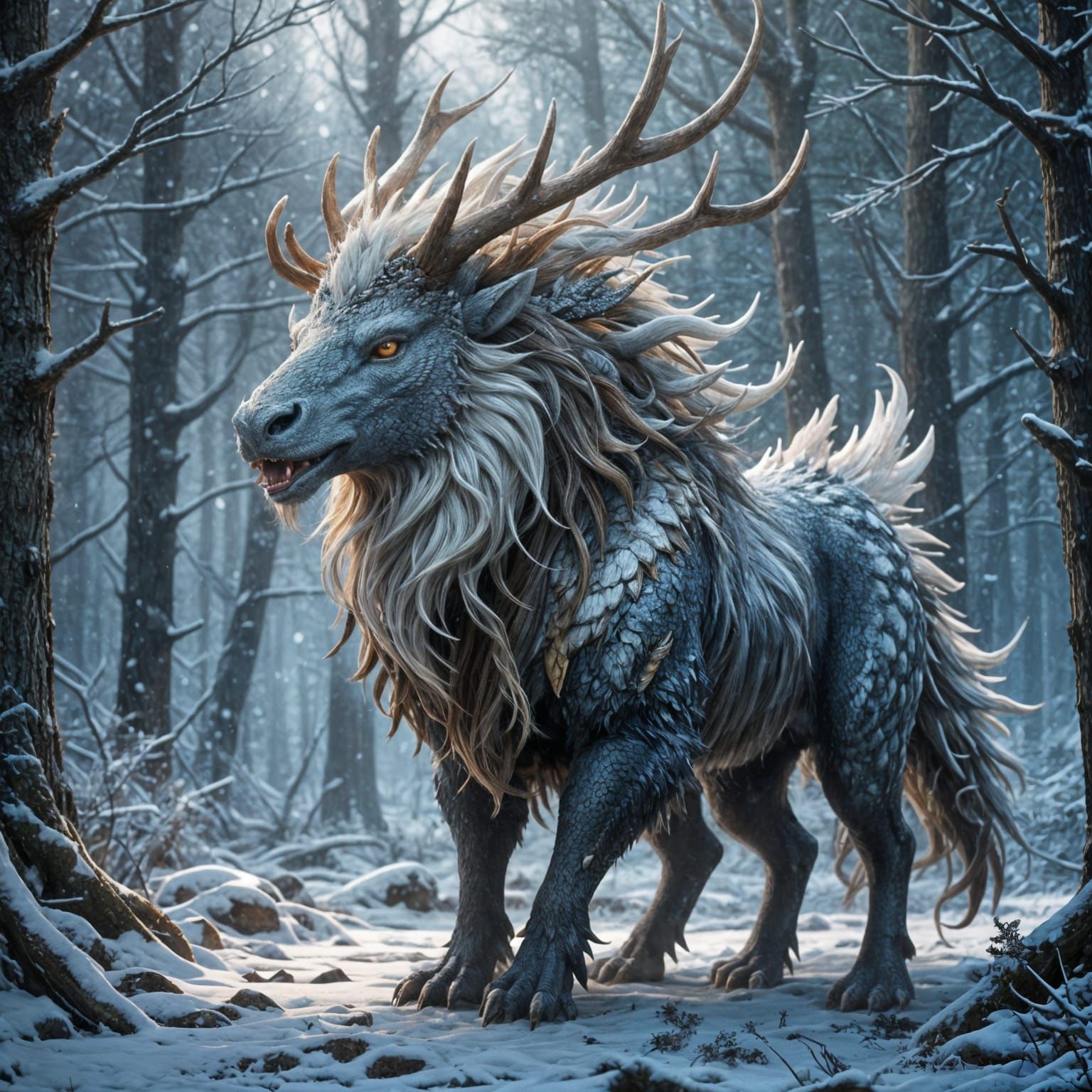 Majestic Fantasy Kirin Roams Winter Tundra