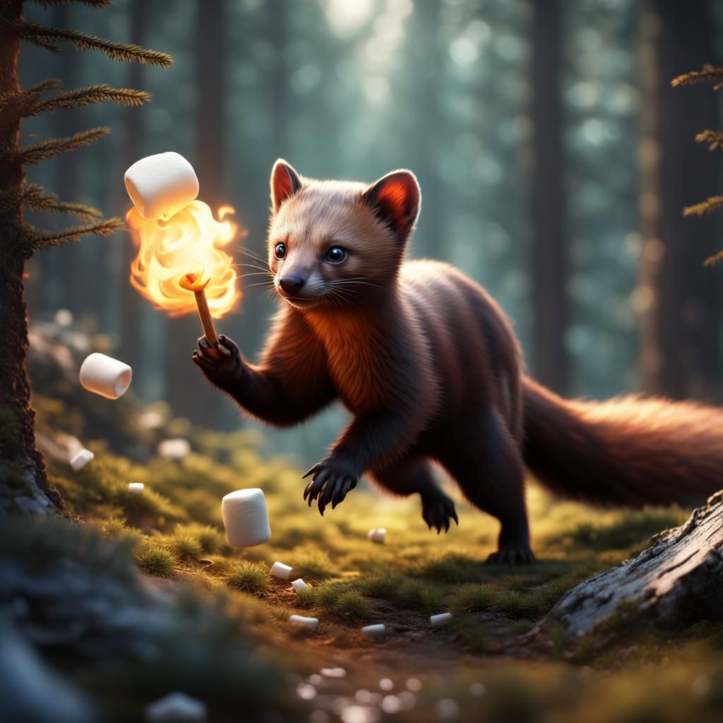 Pine Marten Marshmallow Chase: Fantasy Concept Art