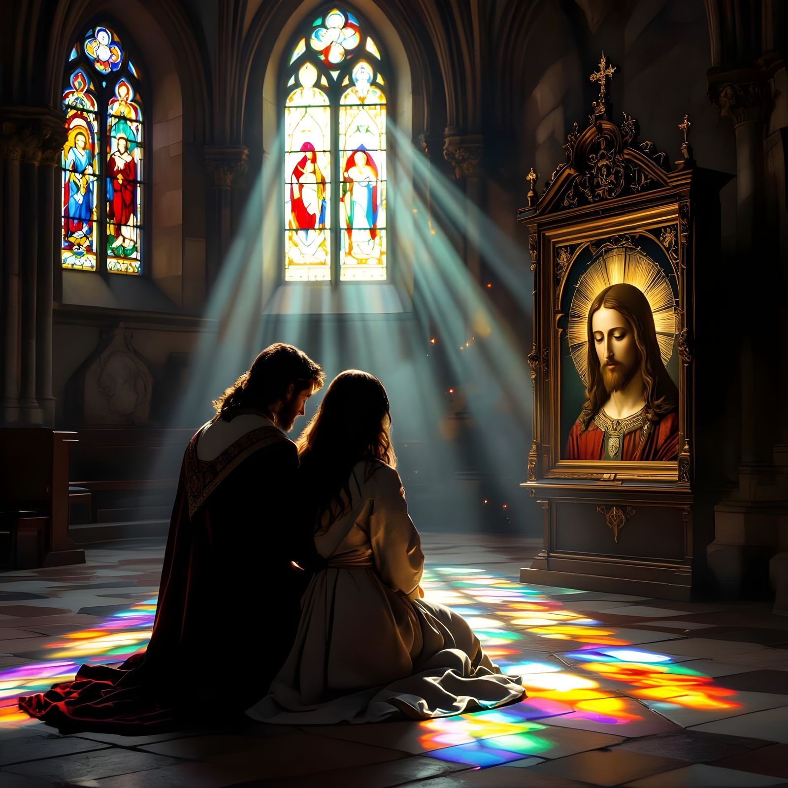 Couple Reveres Holy Face Image in Medieval Church