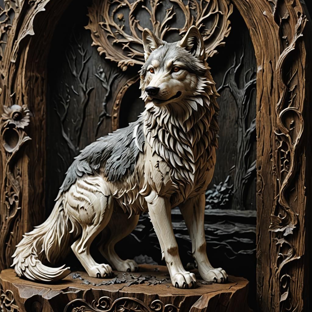 Detailed Wolf Carving Artifact in Fantasy Style
