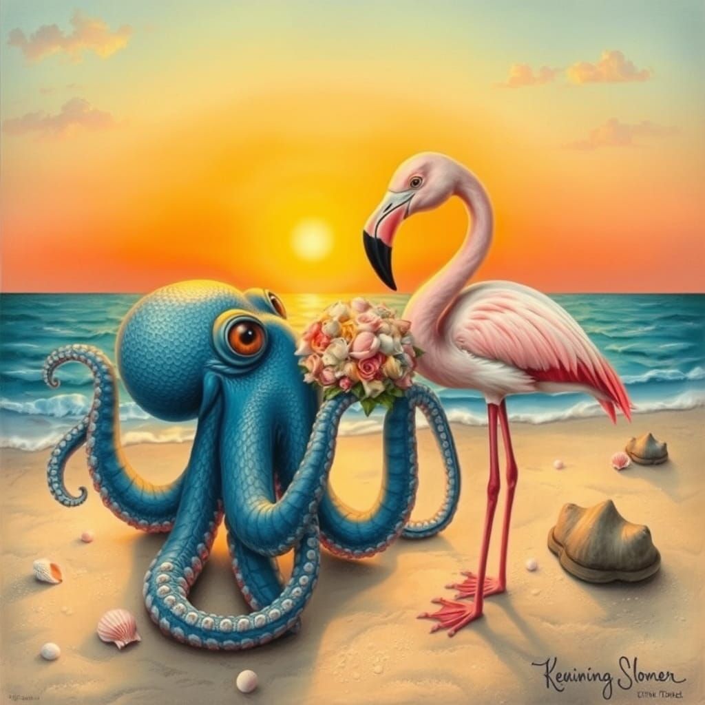 Blue Octopus Gives Bouquet to Flamingo at Sunset