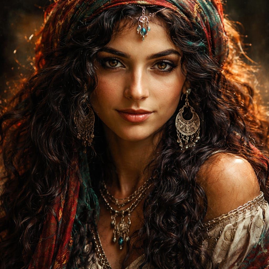 Textured Portrait of a Gypsy Woman with Dark Curls