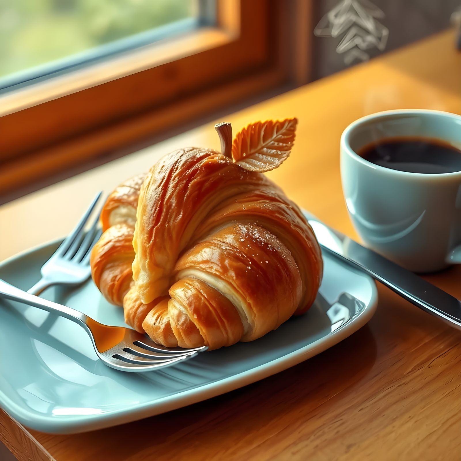 Futuristic Breakfast Scene with Apple-Shaped Croissant