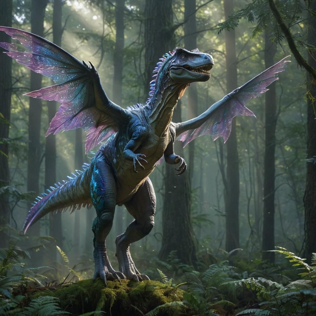 Mystical Fairy-Tyrannosaurus Collision in Vibrant, Iridescen...