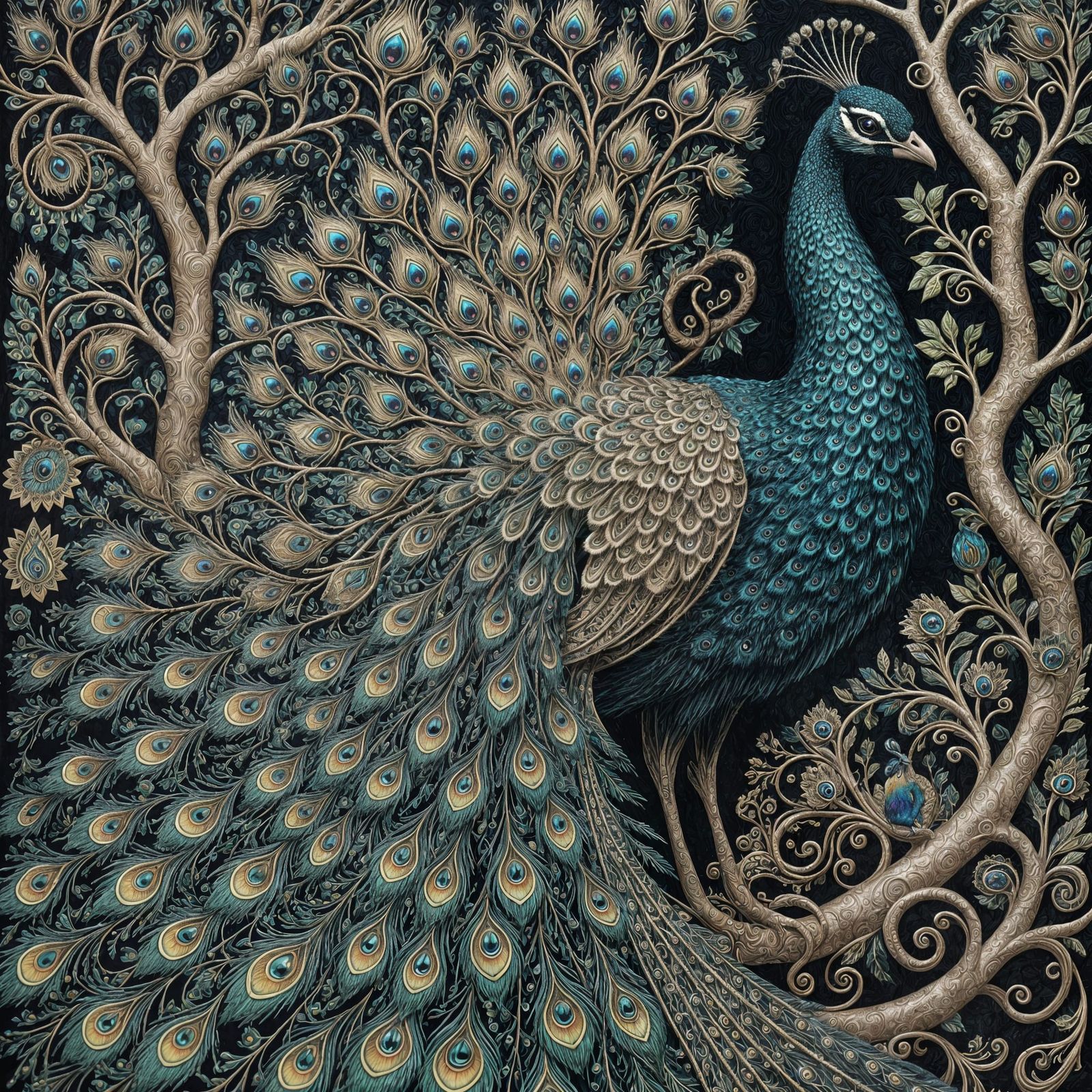 Ornate Royal Peacock in Folk Art Style