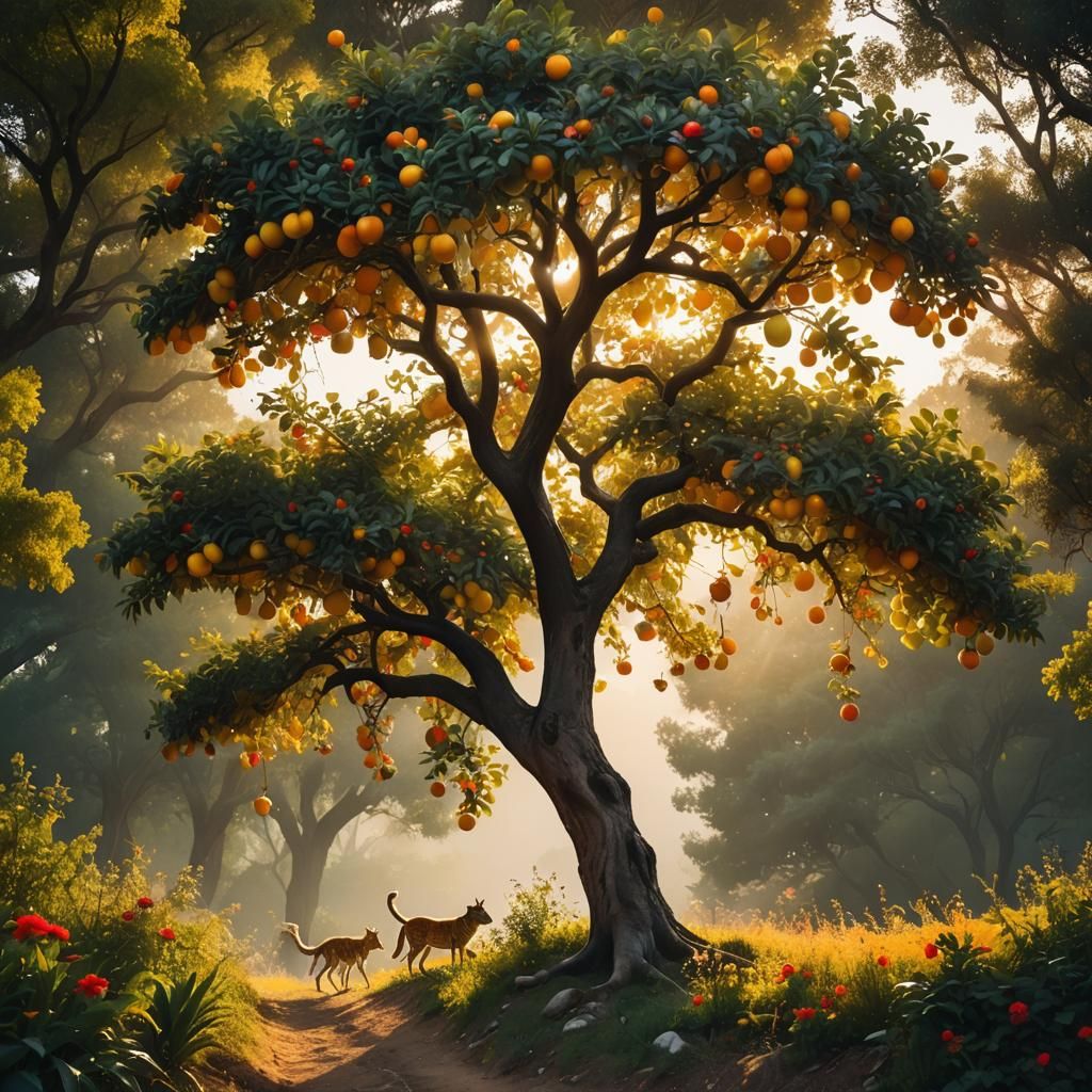 Anthropomorphic Tree Chasing Bush at Sunset, Hyper-realistic...