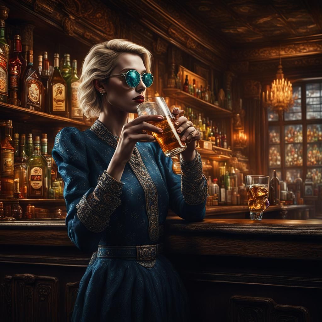 Mysterious Blonde Woman in Disguise: Hyperdetailed Bar Scene