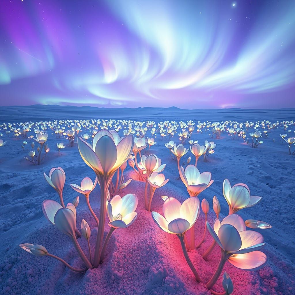Ethereal Bioluminescent Flora in a Vast Crystalline Landscap...