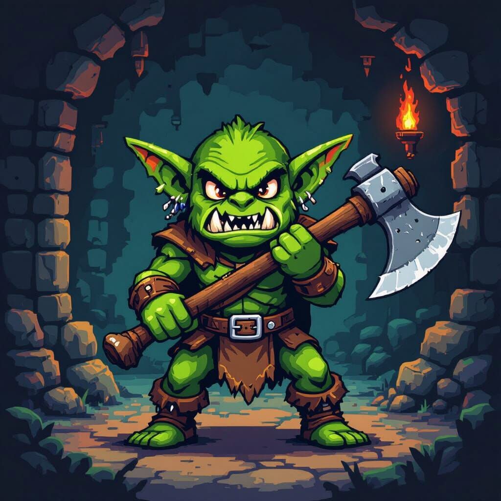 Pixel Art Goblin Warrior in 8-Bit Dungeon