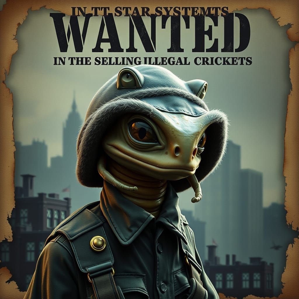 Frog-Bee Alien Wanted Poster in Cinematic Style