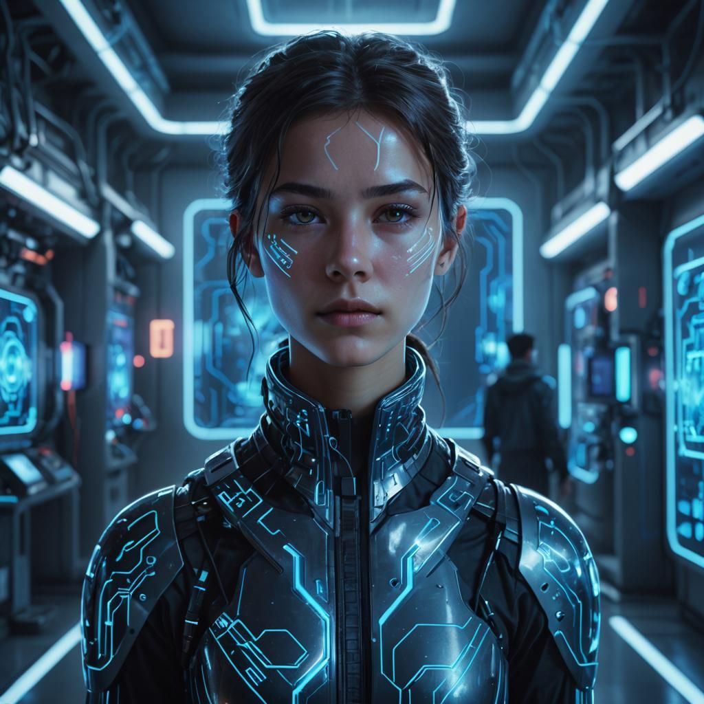 Neon-Lit Cyberpunk Character in Futuristic Lab
