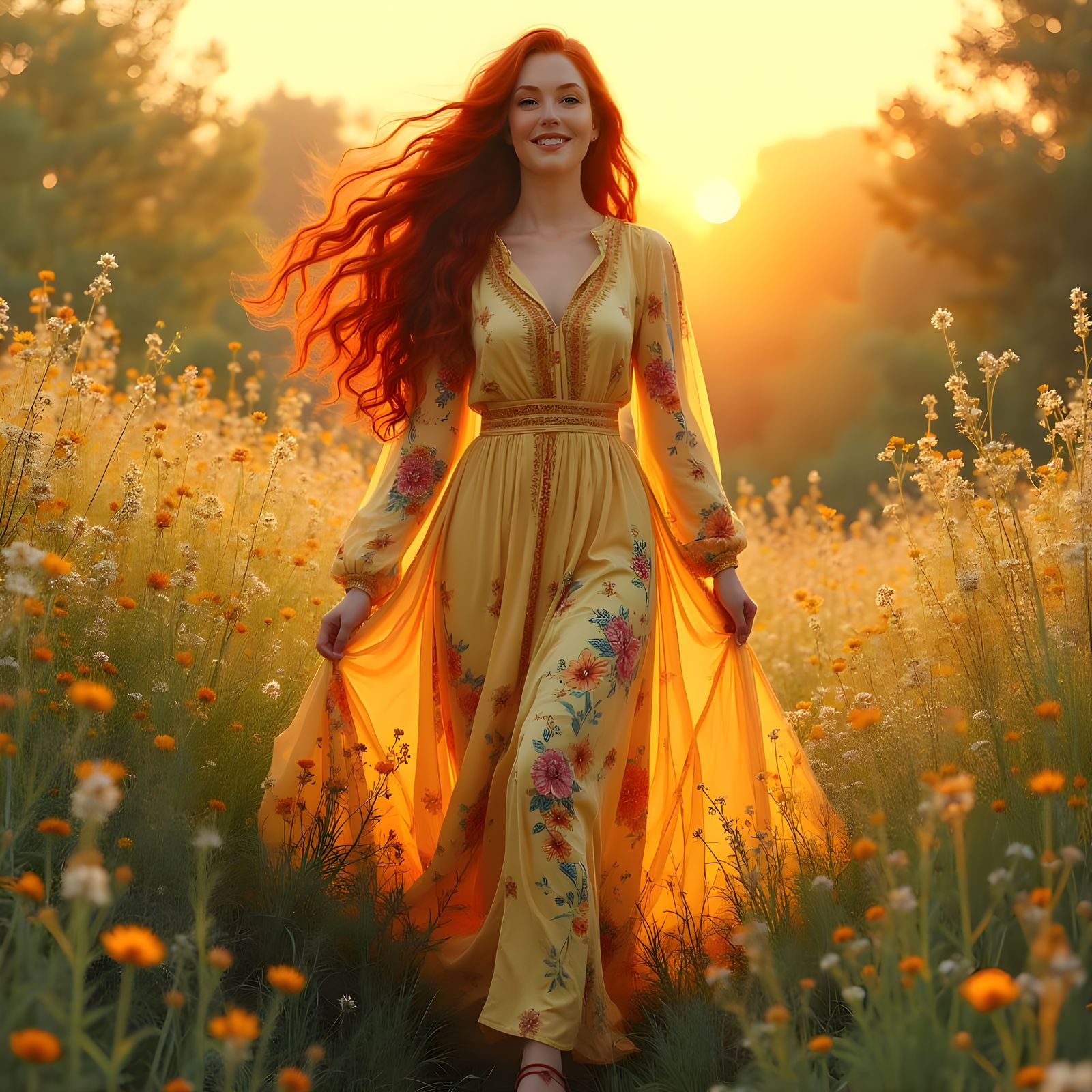 Woman in Floral Meadow, Art Nouveau Style