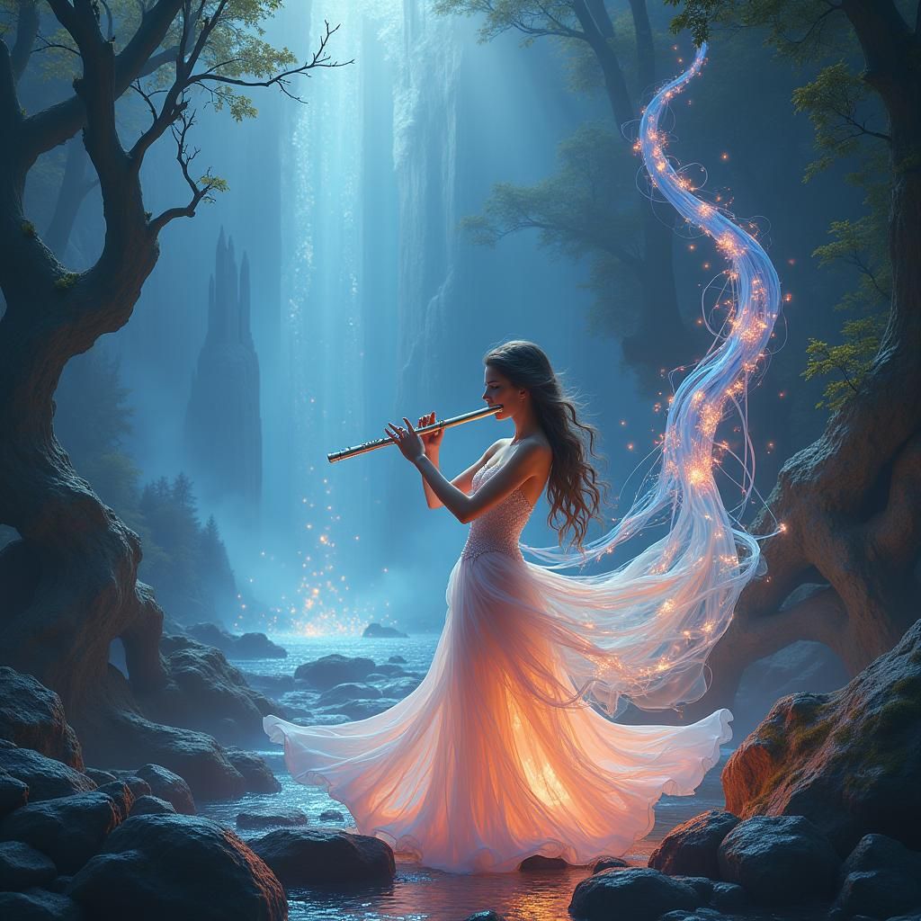 Girl in Iridescent Gown Playing Flute