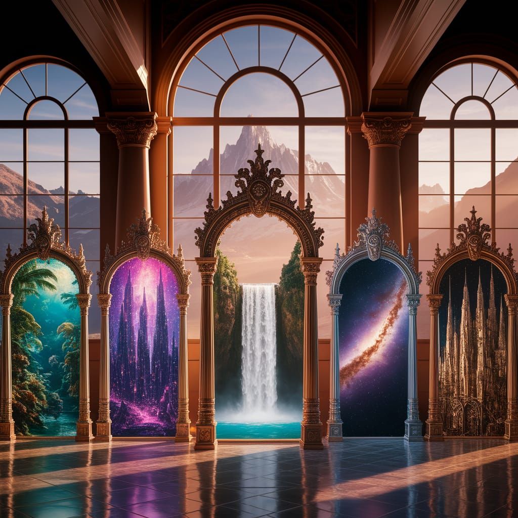 Grand Hall With Portal Archways Revealing Fantasy Worlds