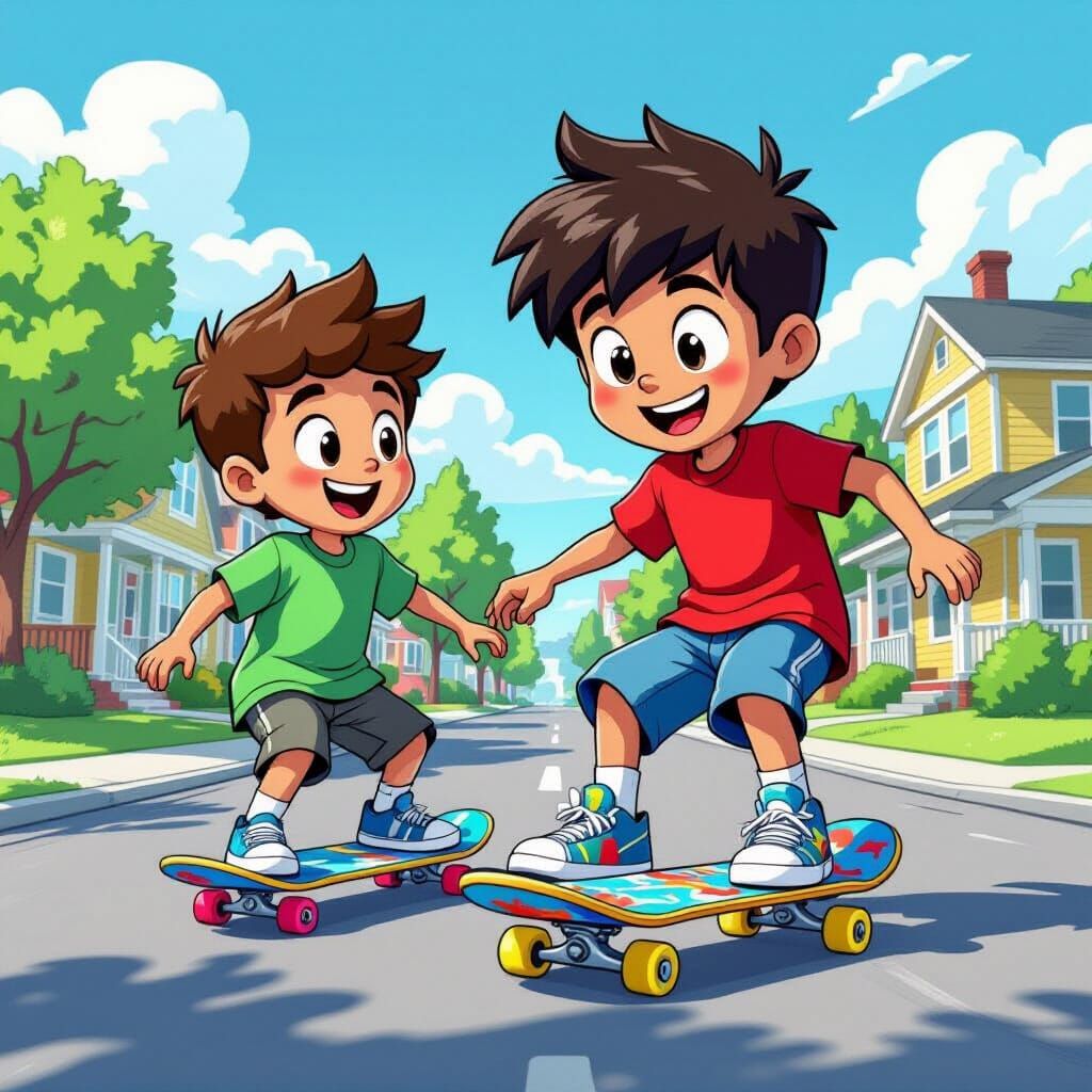 Boys Skateboarding on Sunny Street in Cartoon Style