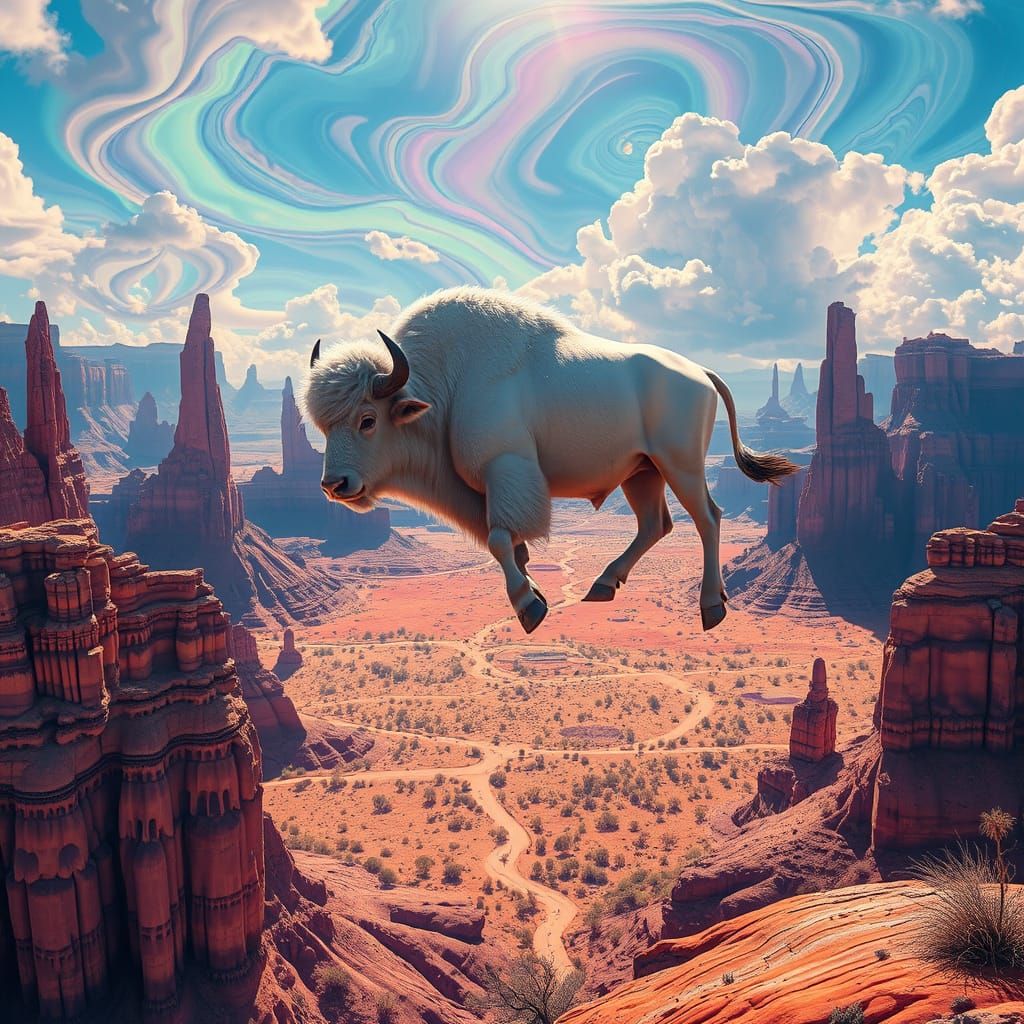 Psychedelic Desert Landscape with Floating White Buffalo