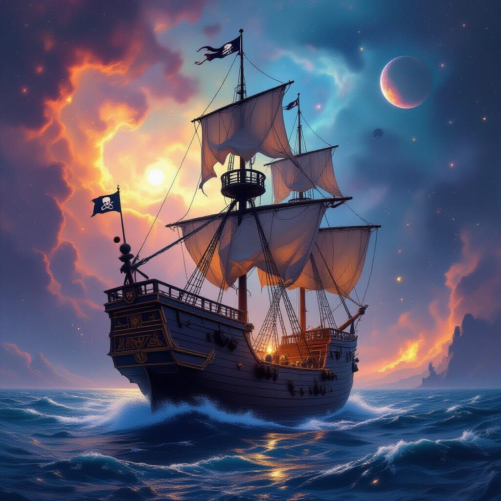Pirate Ship Sailing Through Cosmic Nebula in Epic Fantasy Ar...