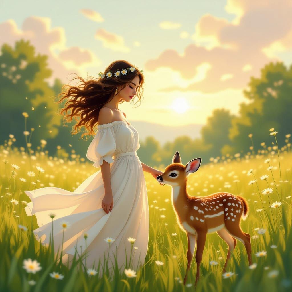 Serene Woman in Meadow with Fawn, Concept Art Style
