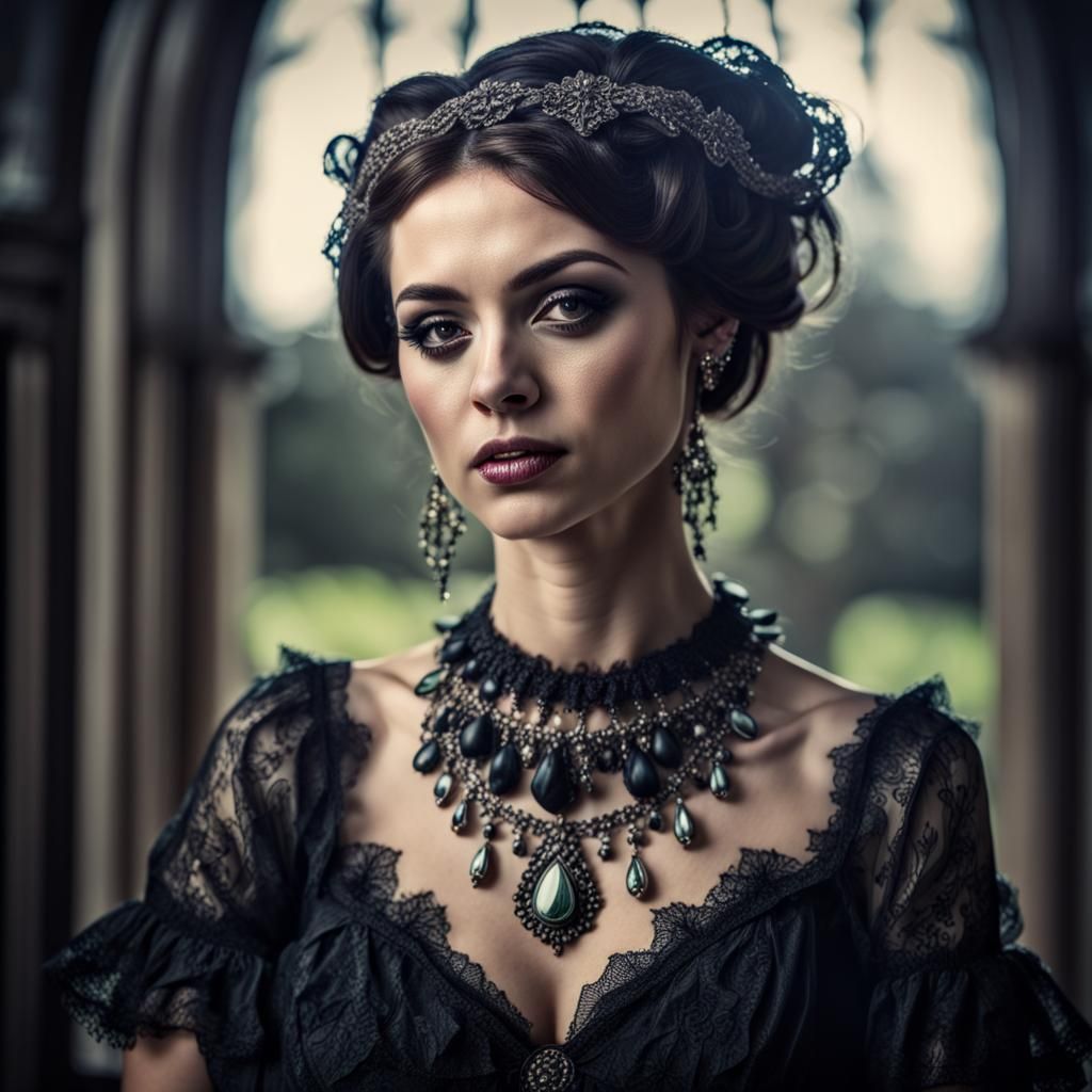 Gothic Portrait of Woman in Frilly Dress