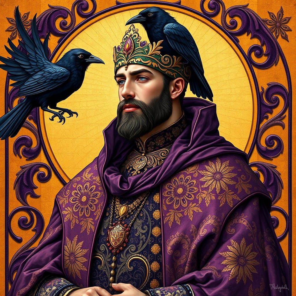 Plum Crow Legacy WLOP color graded contrasting colors deep color yellow and purple art Nouveau detailed painting oil on ...