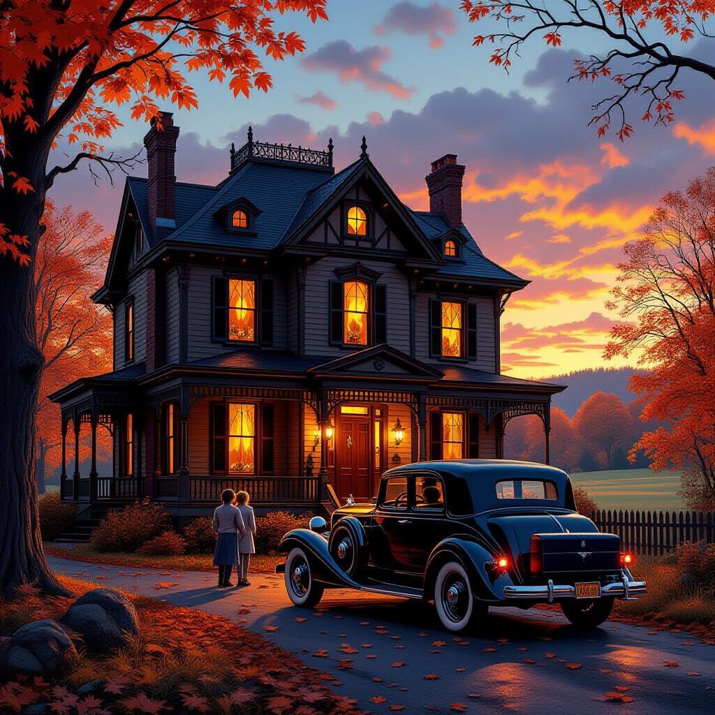 Victorian Home at Dusk with Family Arrival