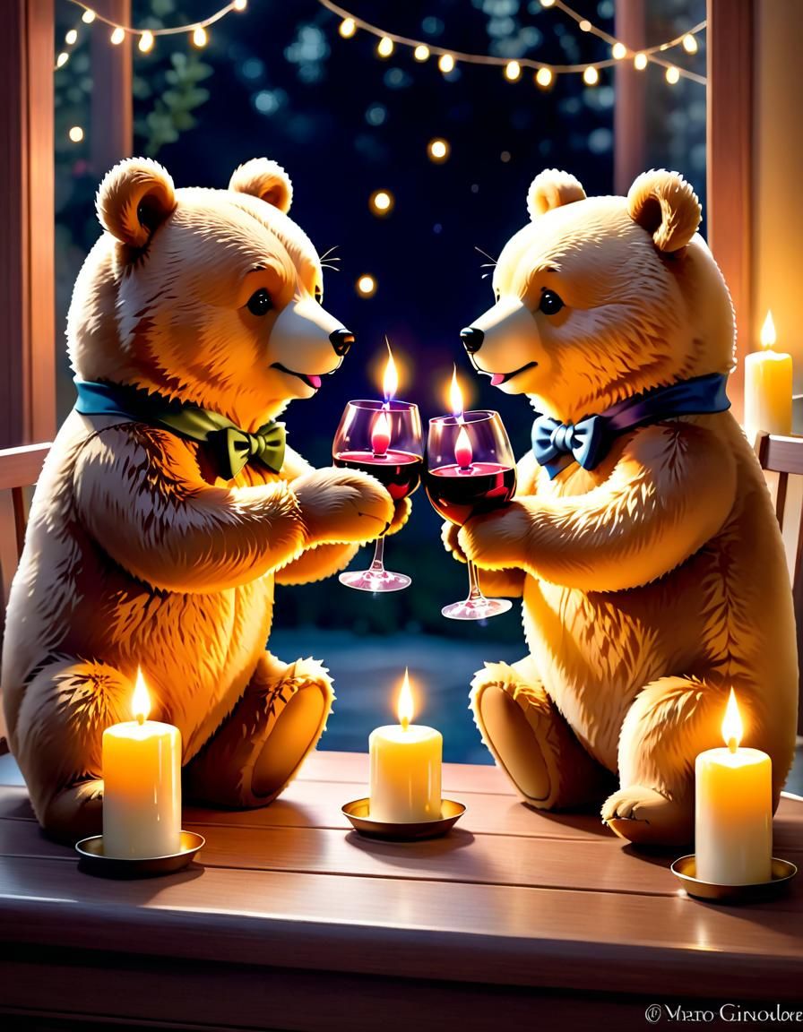Romantic Teddy Bears Toast in Candlelight, Watercolour Illus...