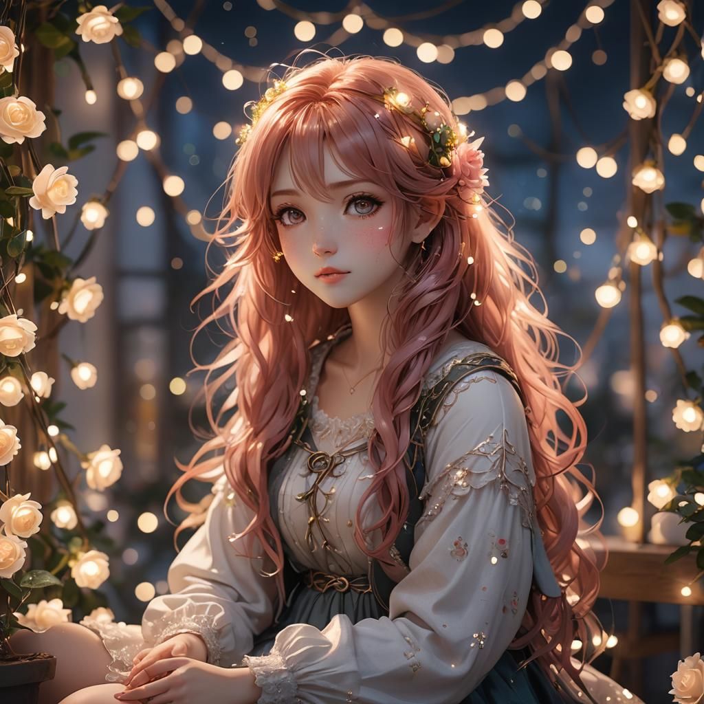 Rose-Haired Girl Under Fairy Lights: 3D Anime Art