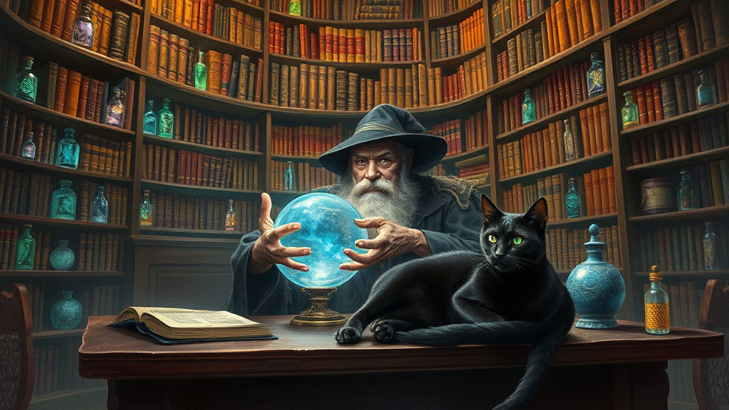 Wizard's Study with Crystal Ball, Oil Painting Style