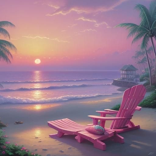 Pink Sunset Beach with Lounge Chairs