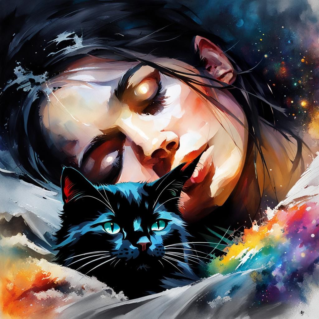 Sleeping Black Cat Watercolor Illustration